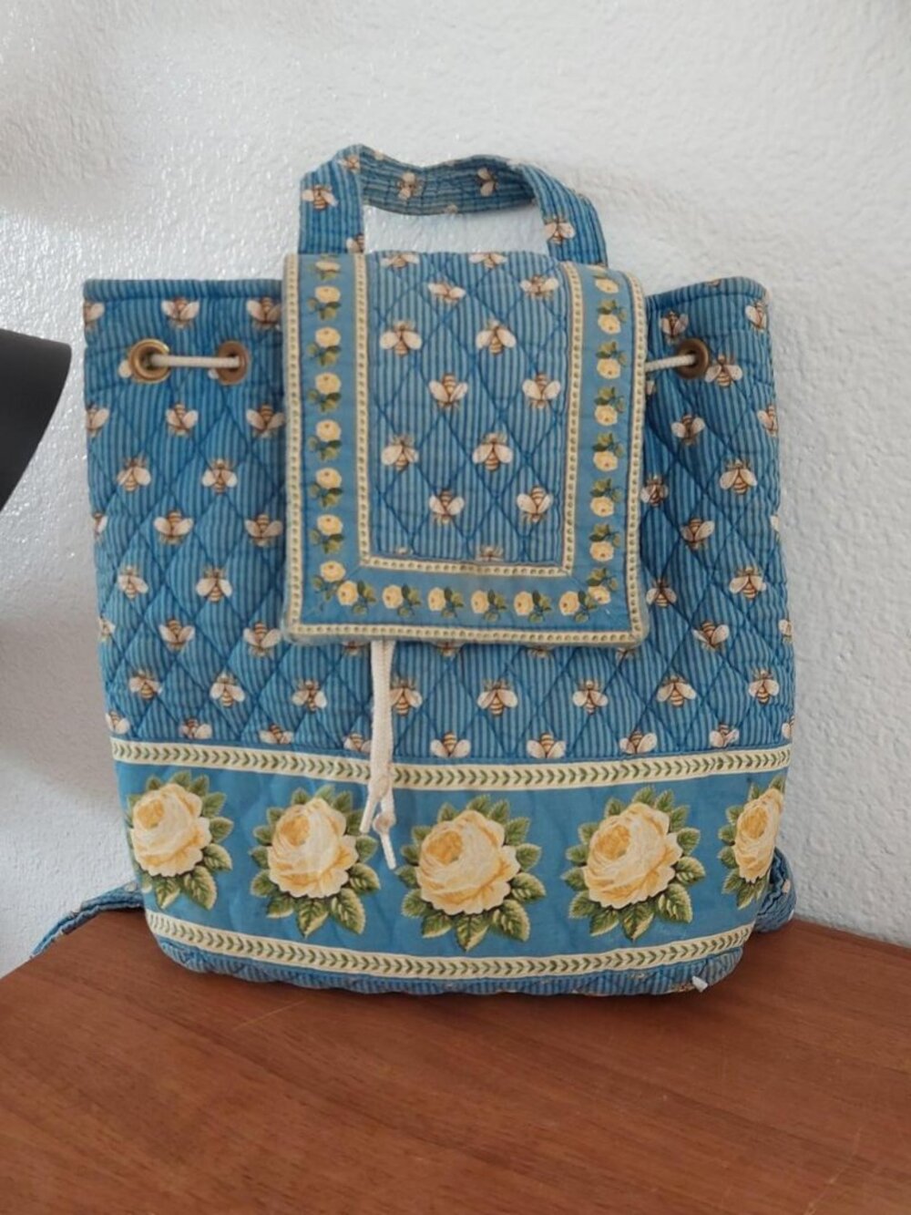 Vintage Vera Bradley Bees Drawstring Backpack Retired Blue Bumblebee Yellow Rose